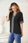 Double Take Embroidered Notched Neck Top Blouses - Tophatter Daily Deals