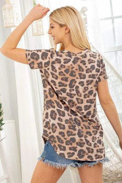 Heimish Full Size Leopard V-Neck Short Sleeve T-Shirt Blouses - Tophatter Daily Deals