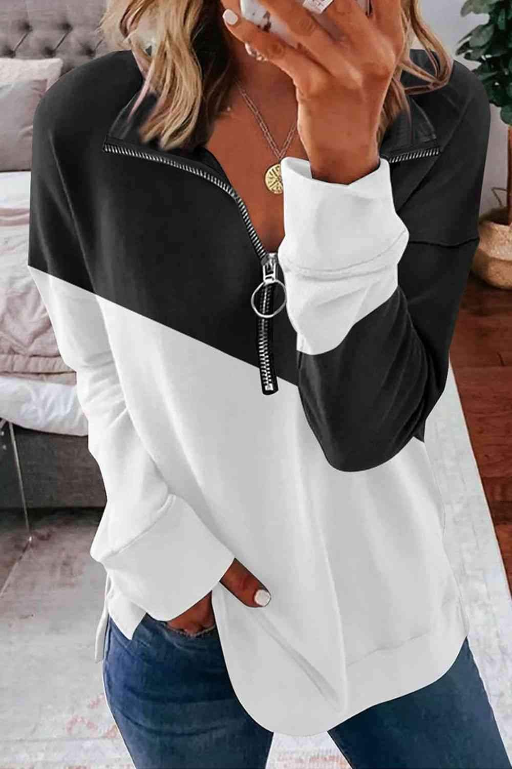 Contrast Zip-Up Collared Neck Dropped Shoulder Blouse Black Blouses - Tophatter Daily Deals