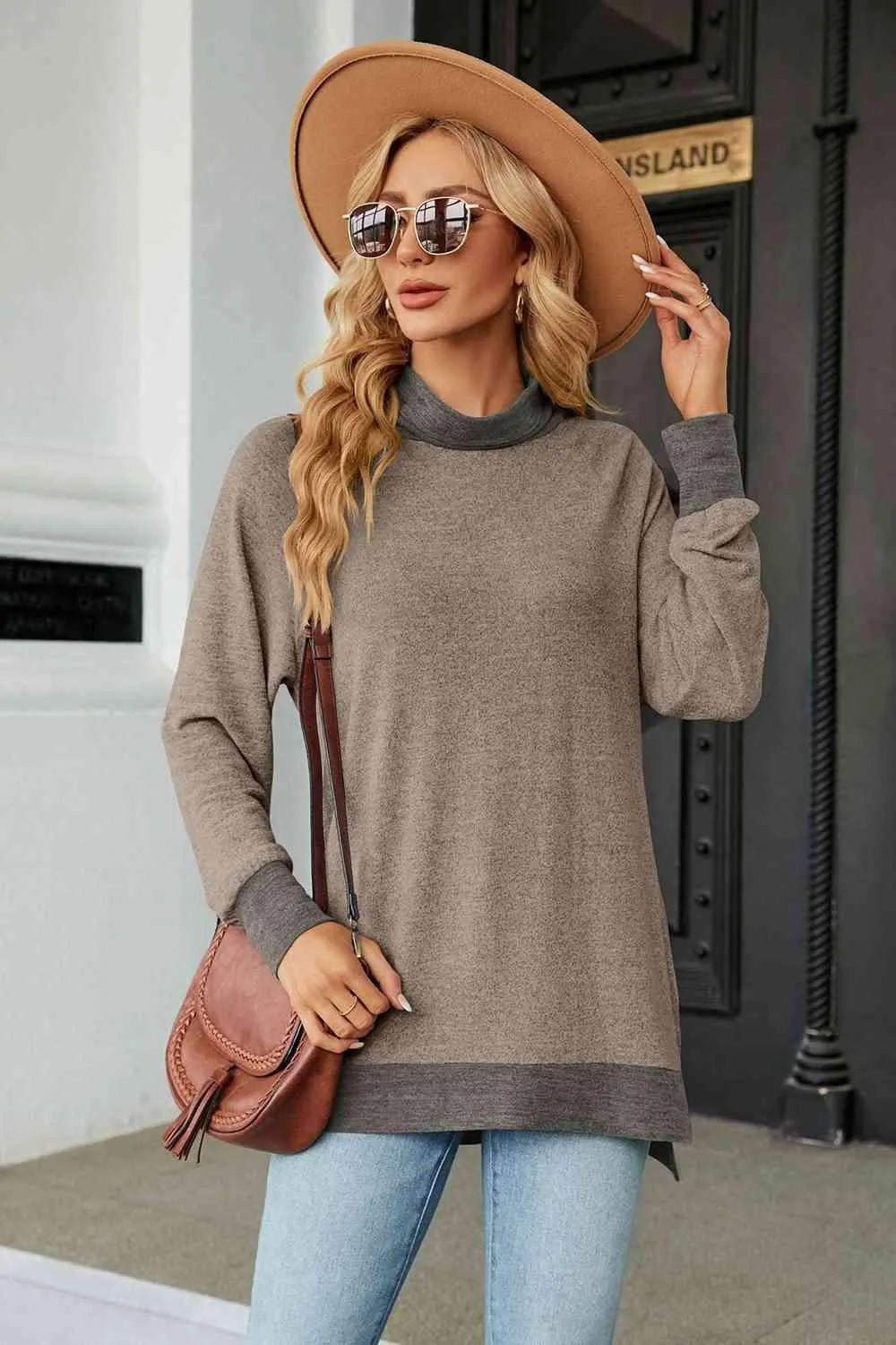 Turtle Neck Long Sleeve Slit Blouse Mocha Blouses - Tophatter Daily Deals