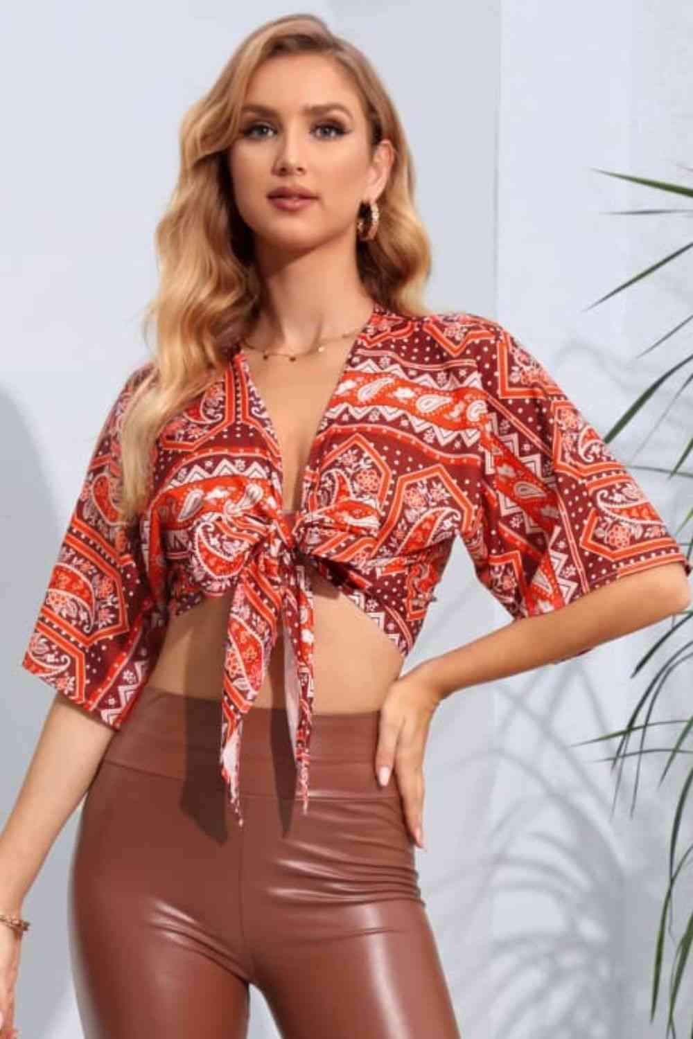 Printed Tie Front Cropped Dolman Sleeve Blouse Blouses - Tophatter Daily Deals