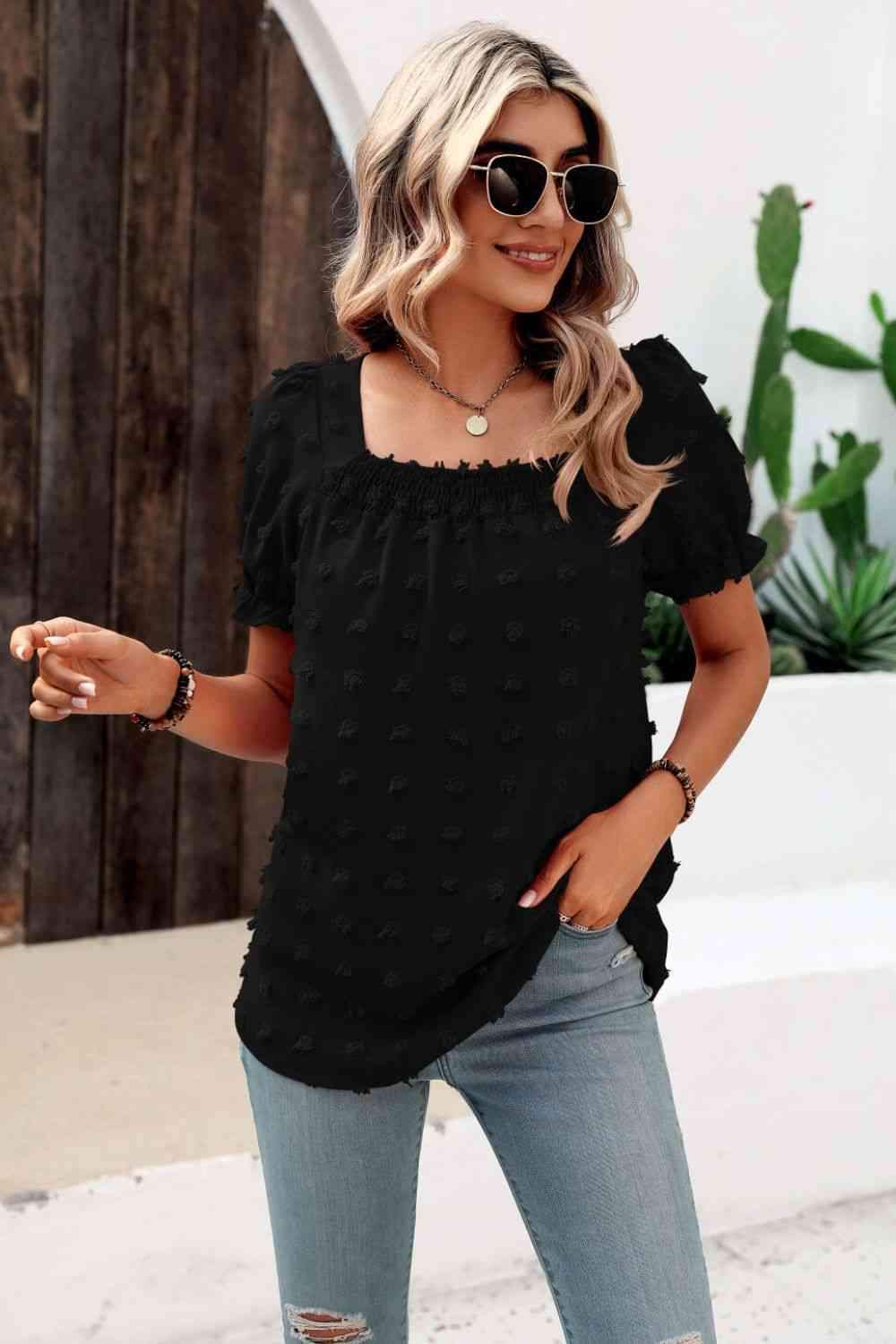 Swiss Dot Puff Sleeve Square Neck Blouse Black Blouses - Tophatter Daily Deals