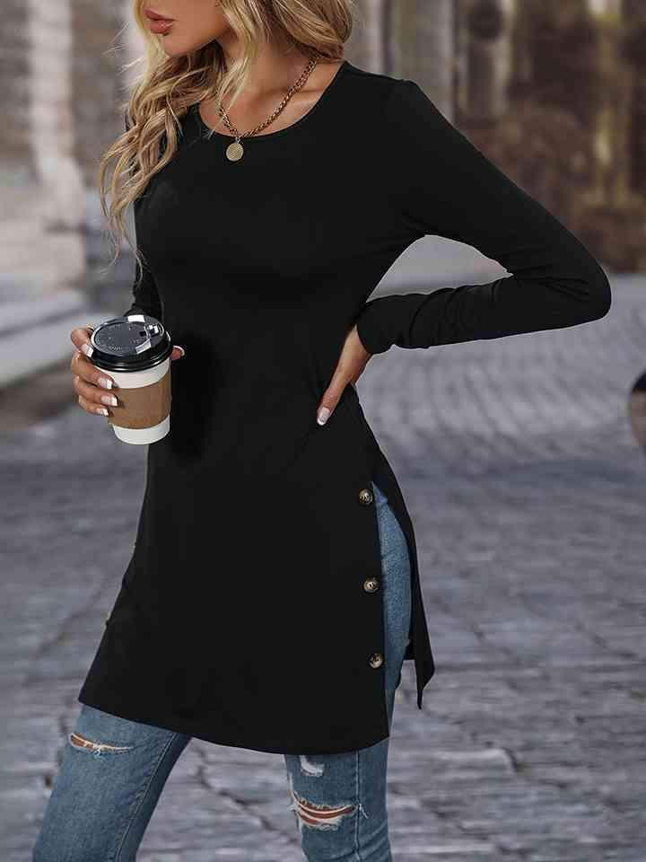 Decorative Button Slit Long Sleeve T-Shirt Women's T-Shirts - Tophatter Daily Deals