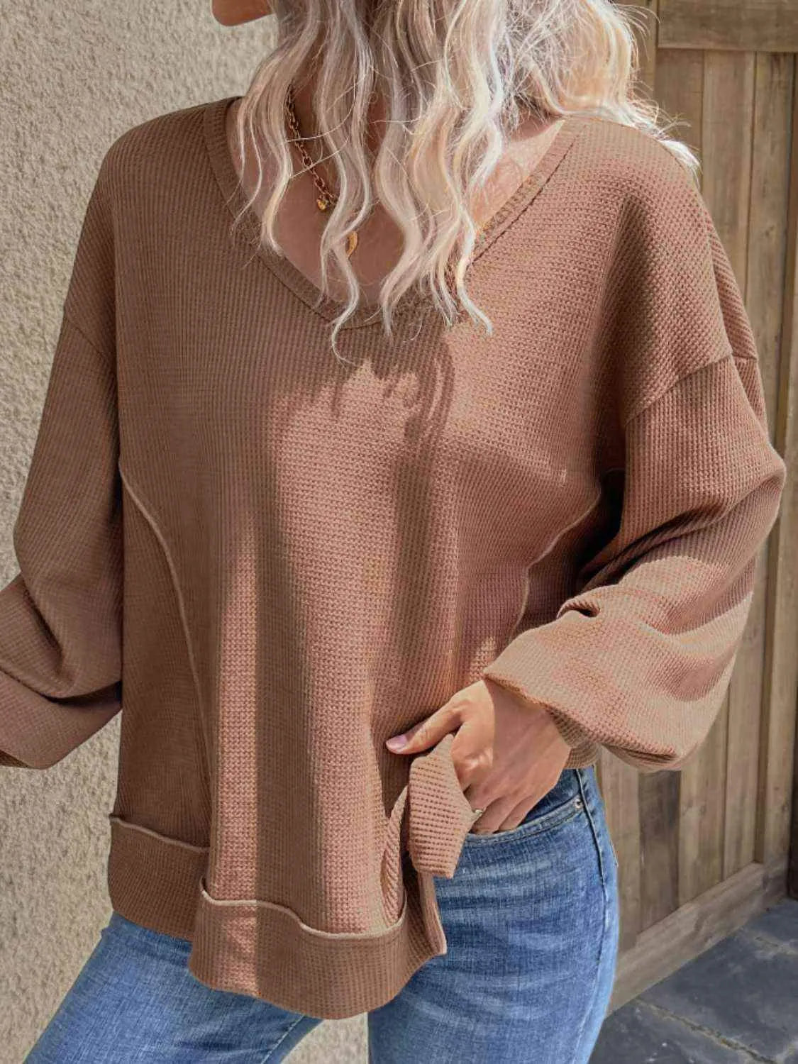 V-Neck Waffle-Knit Slit Top Blouses - Tophatter Daily Deals