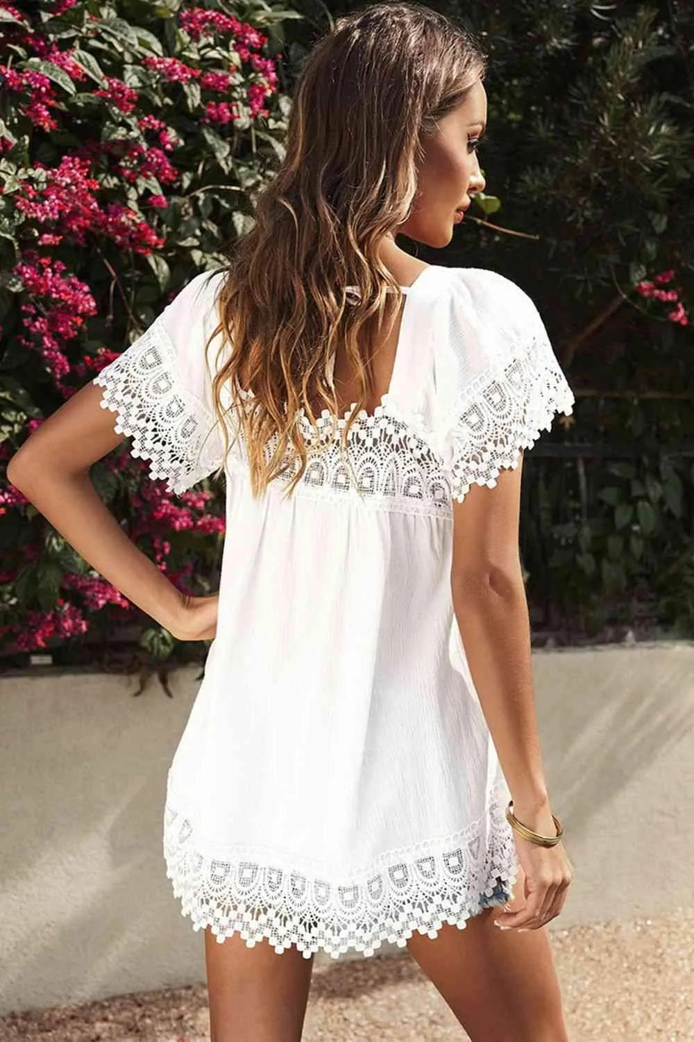 Lace Detail Square Neck Short Sleeve Blouse Blouses - Tophatter Daily Deals
