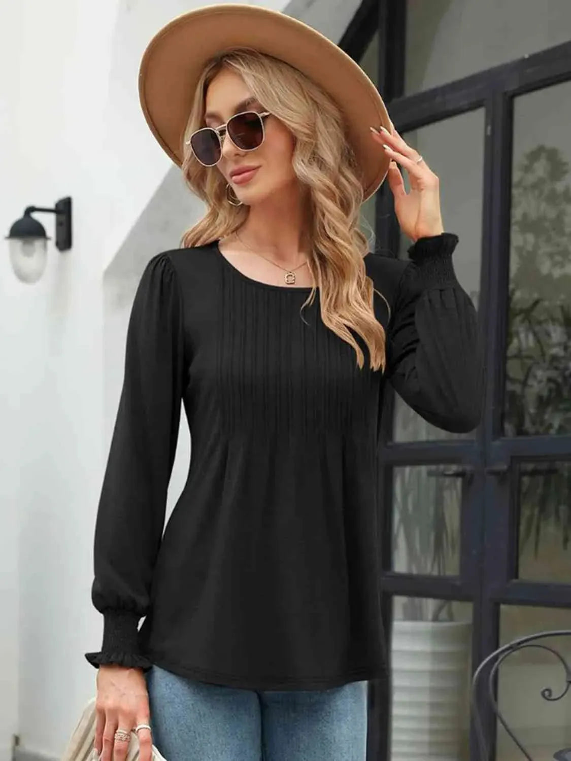 Smocked Round Neck Lantern Sleeve Blouse Blouses - Tophatter Daily Deals