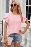 Eyelet Round Neck Petal Sleeve T-Shirt Women's T-Shirts - Tophatter Daily Deals