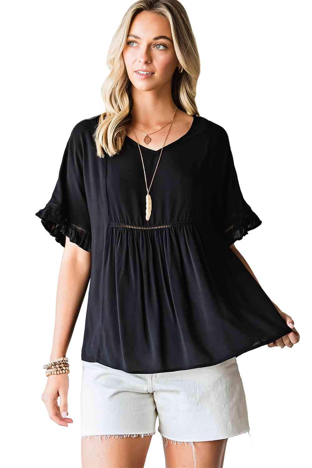 V-Neck Flounce Sleeve Babydoll Blouse Blouses - Tophatter Daily Deals