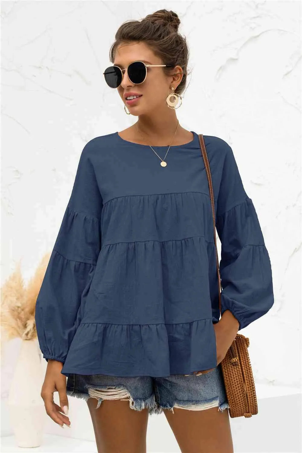 Round Neck Bubble Sleeve Tiered Blouse Navy Blouses - Tophatter Daily Deals
