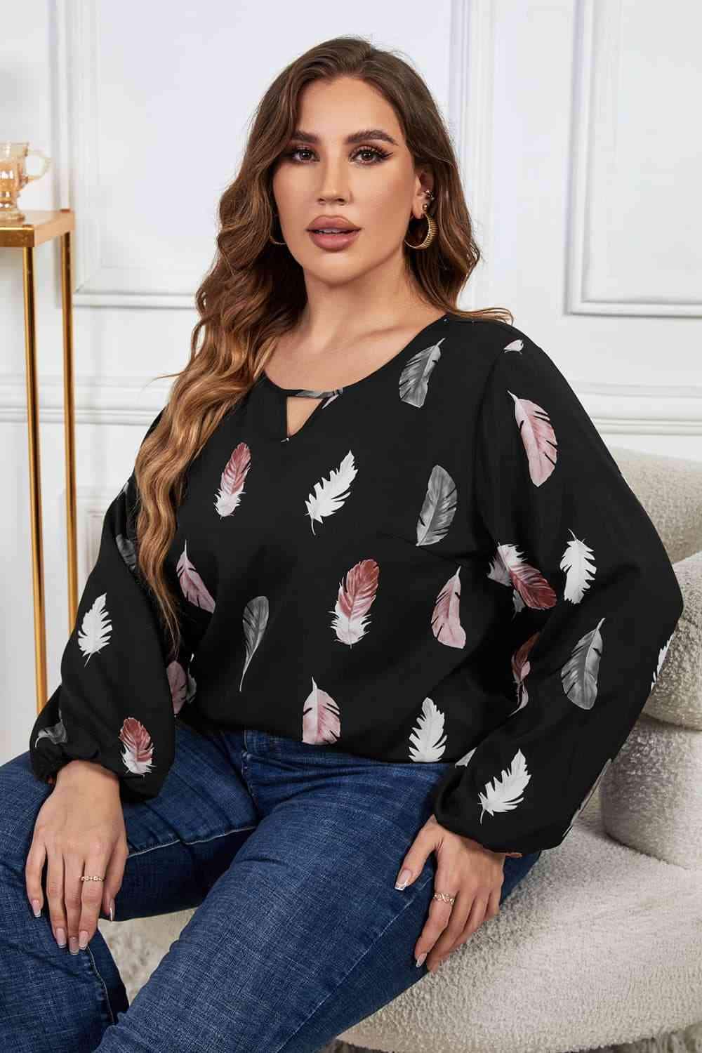Melo Apparel Plus Size Printed Round Neck Long Sleeve Cutout Blouse Blouses - Tophatter Daily Deals