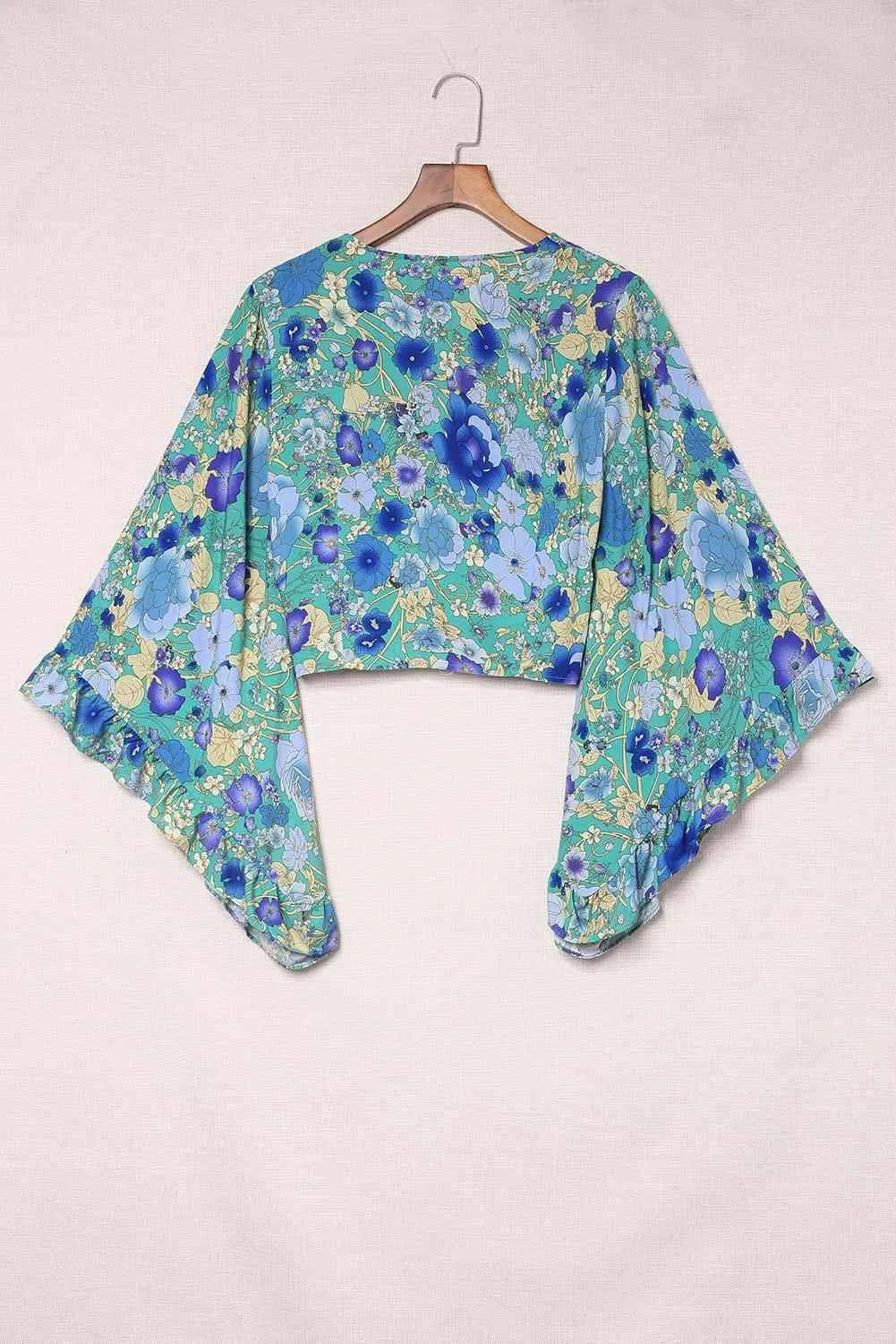 Floral Bell Sleeve Surplice Cropped Blouse Blouses - Tophatter Daily Deals