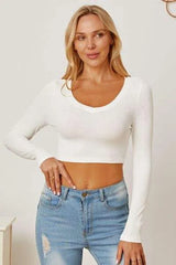 Round Neck Long Sleeve Cropped T-Shirt Women's T-Shirts - Tophatter Daily Deals