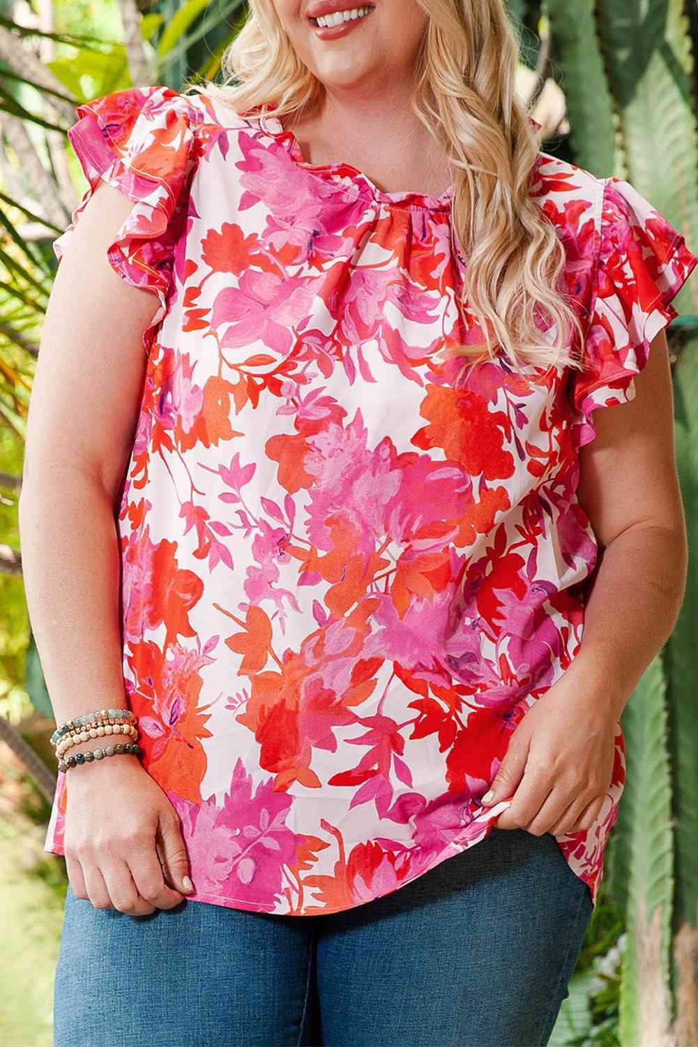 Plus Size Floral Flutter Sleeve Round Neck Blouse Blouses - Tophatter Daily Deals