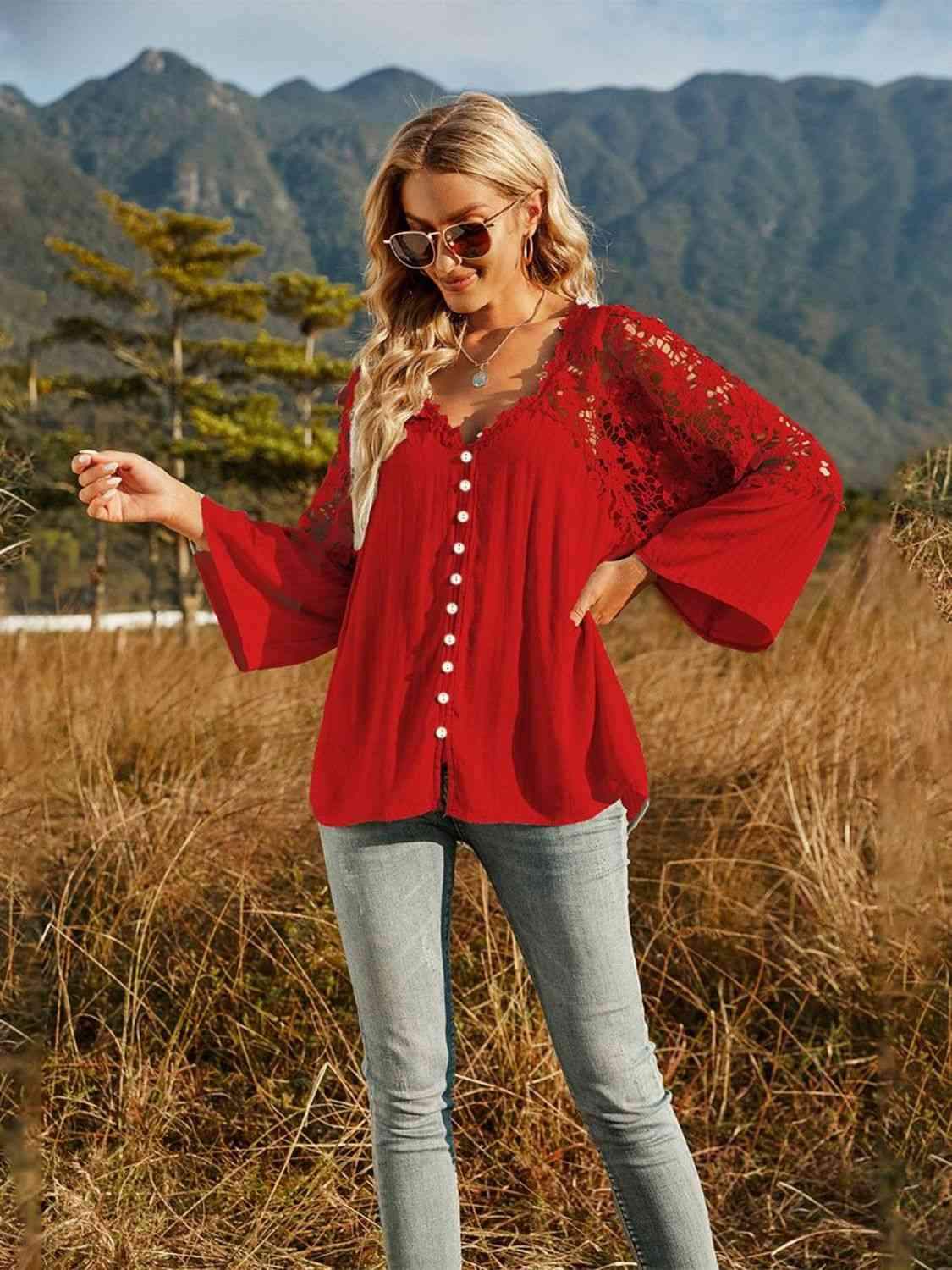 Spliced Lace Buttoned Blouse Deep Red Blouses - Tophatter Daily Deals