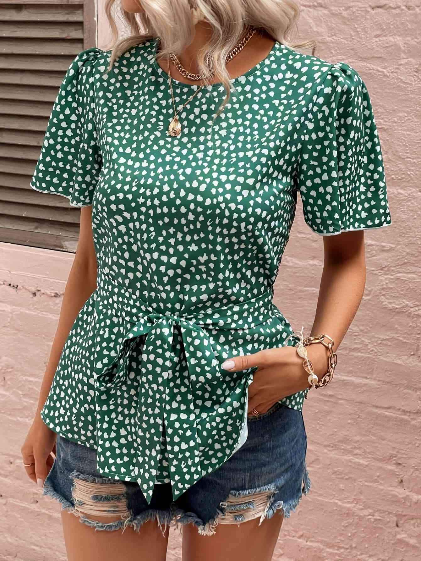 Heart Print Tie Belt Puff Sleeve Blouse Mid Green Blouses - Tophatter Daily Deals