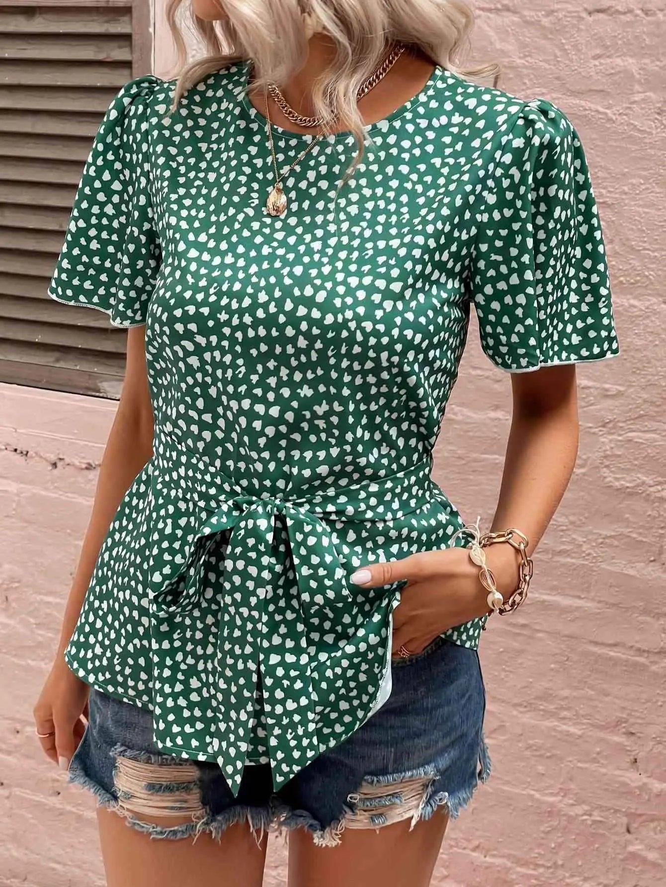 Heart Print Tie Belt Puff Sleeve Blouse Mid Green Blouses - Tophatter Daily Deals