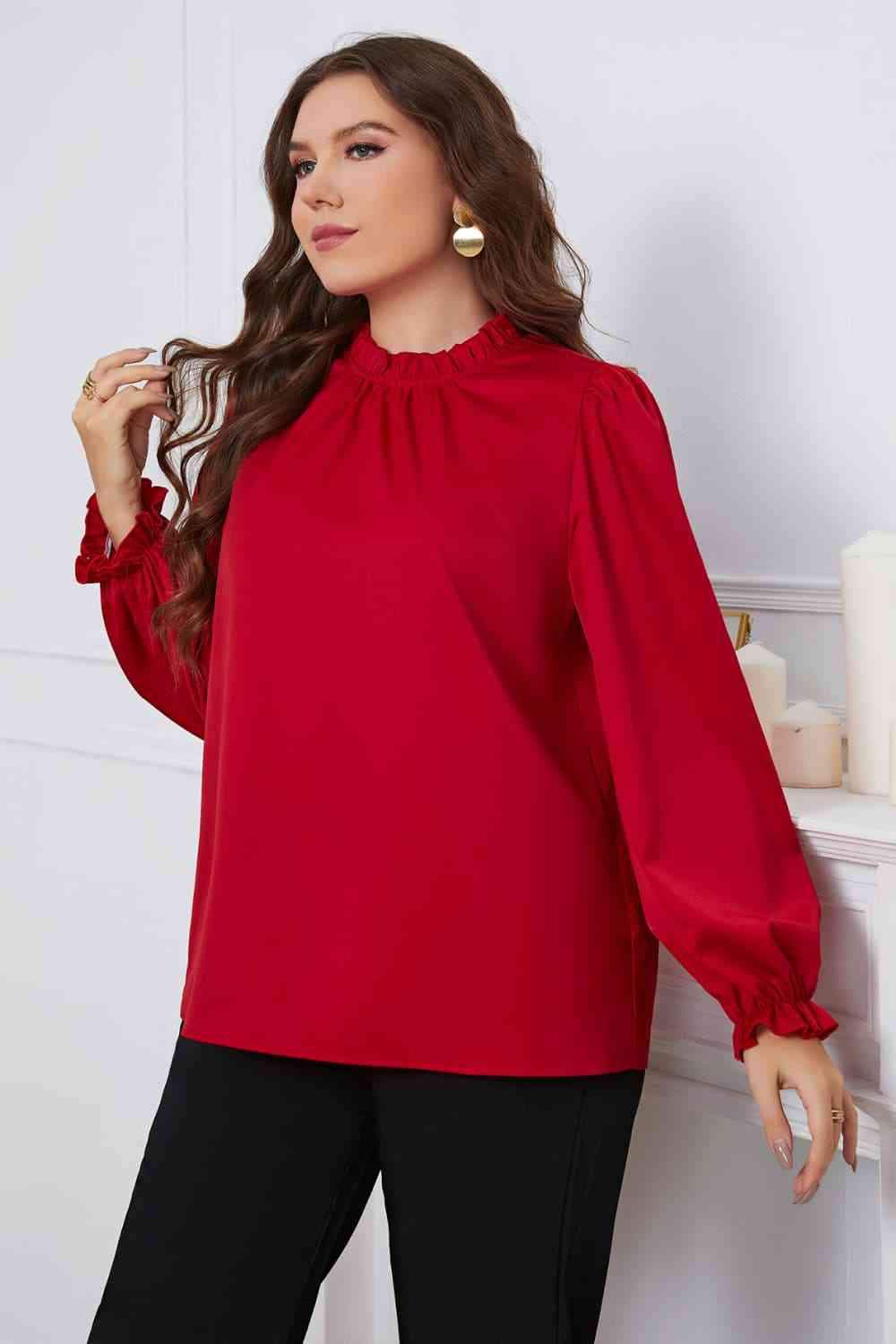 Melo Apparel Plus Size Frill Trim Flounce Sleeve Round Neck Blouse Blouses - Tophatter Daily Deals