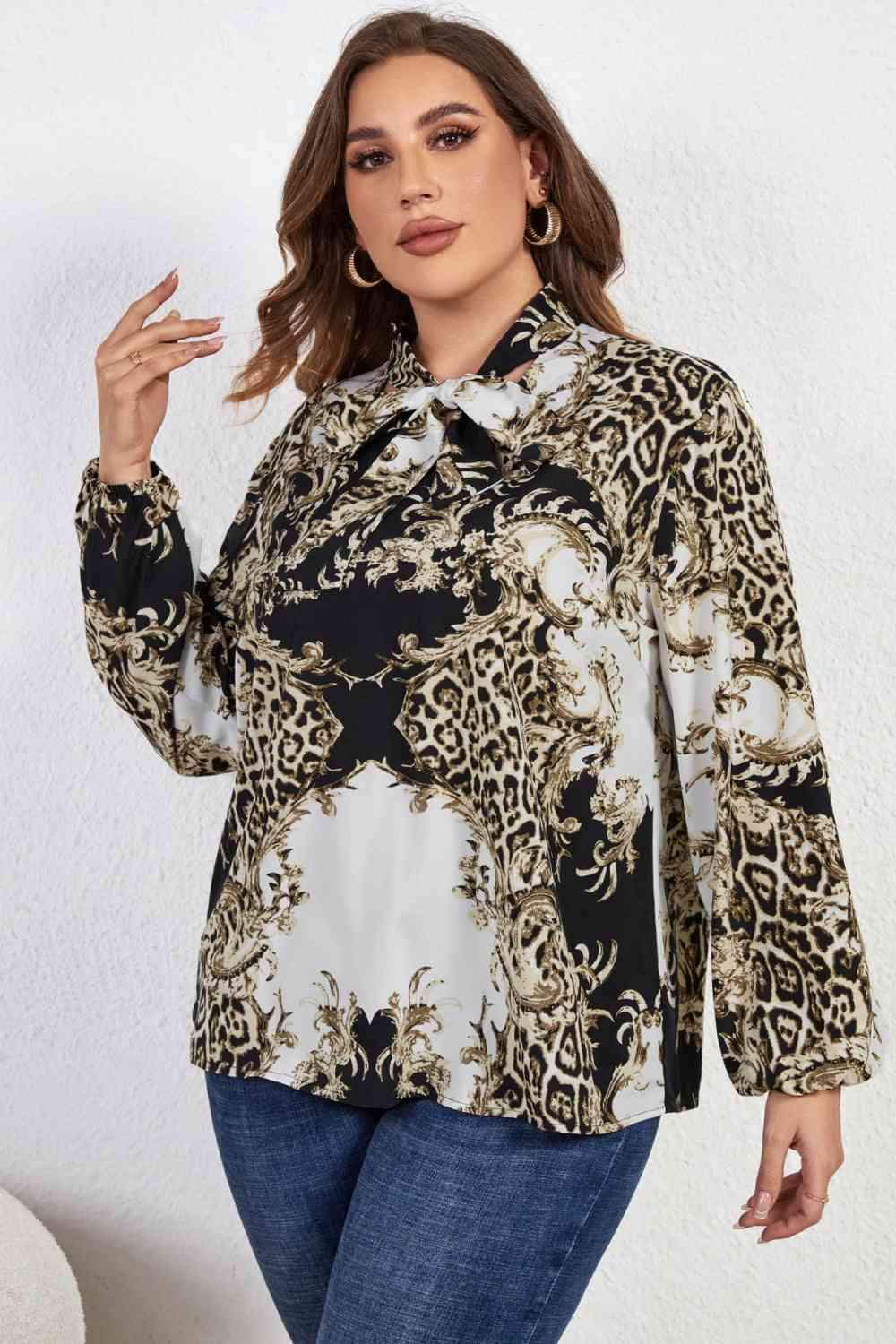 Melo Apparel Plus Size Printed Tie Neck Long Sleeve Blouse Blouses - Tophatter Daily Deals