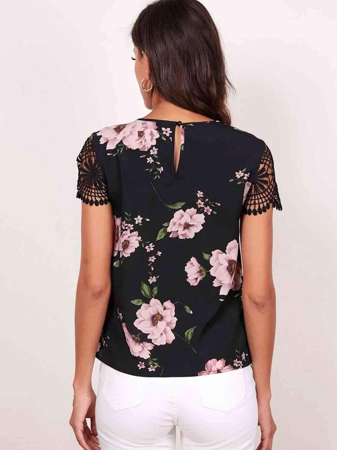 Floral Cutout Round Neck Blouse Blouses - Tophatter Daily Deals