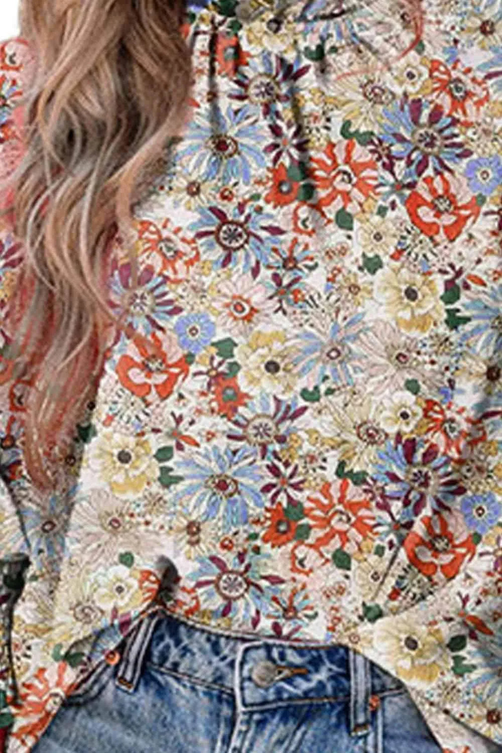 Floral Print Mock Neck Lantern Sleeve Blouse Blouses - Tophatter Daily Deals