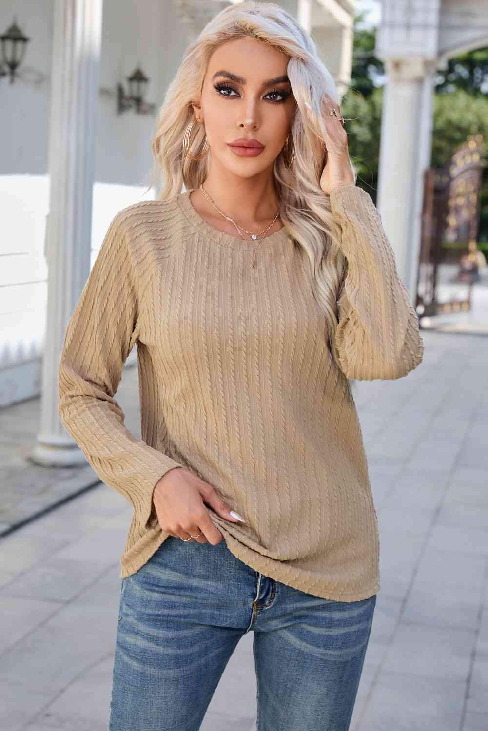 Round Neck Raglan Sleeve Ribbed Blouse Blouses - Tophatter Daily Deals