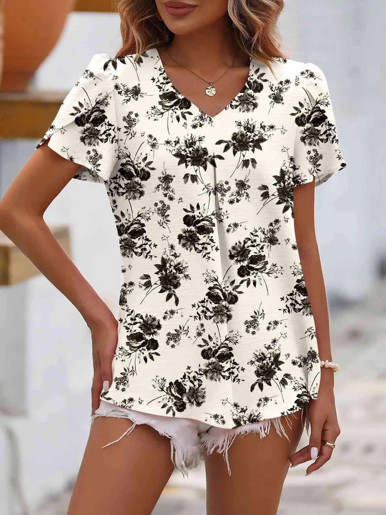 Ruche V-Neck Petal Sleeve Top Black Floral Blouses - Tophatter Daily Deals