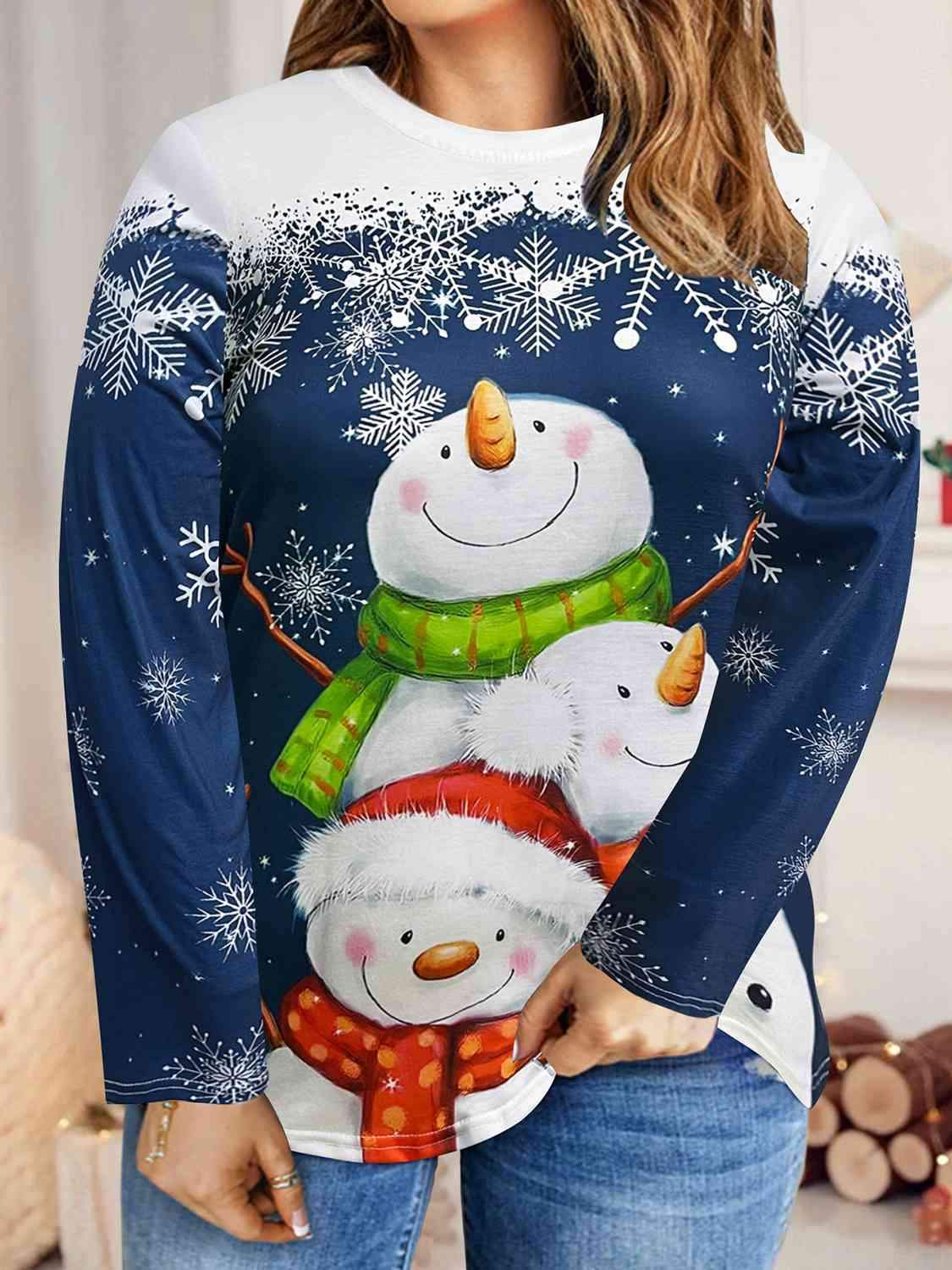 Plus Size Snowman & Snowflake Round Neck T-Shirt French Blue Women's T-Shirts - Tophatter Daily Deals