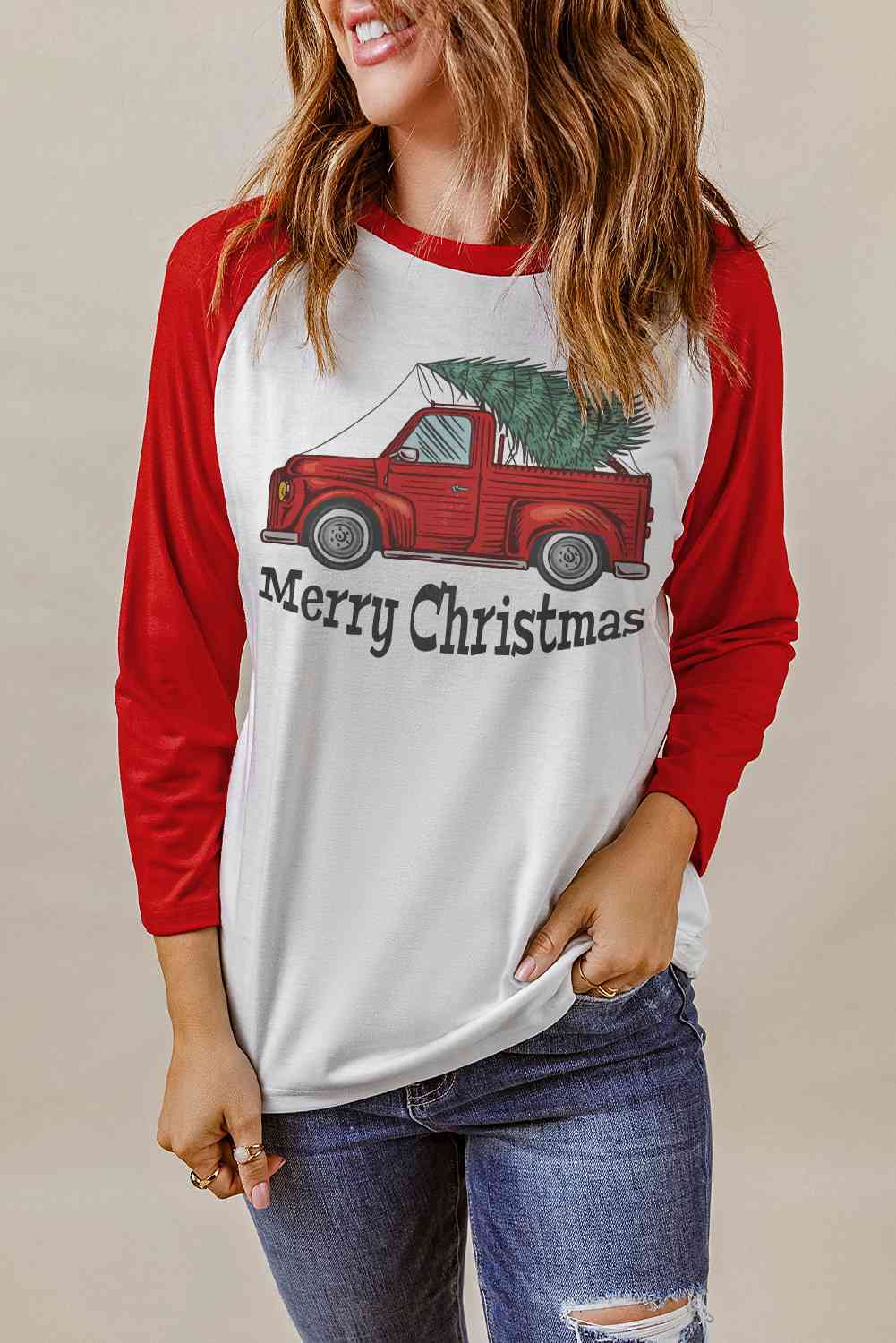 MERRY CHRISTMAS Graphic Raglan Sleeve T-Shirt Deep Red Women's T-Shirts - Tophatter Daily Deals