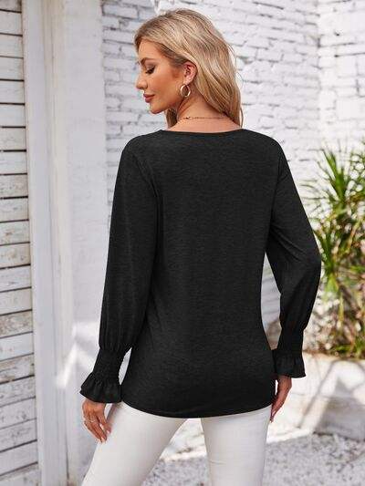 V-Neck Smocked Ruffled Long Sleeve Top Women's T-Shirts - Tophatter Daily Deals