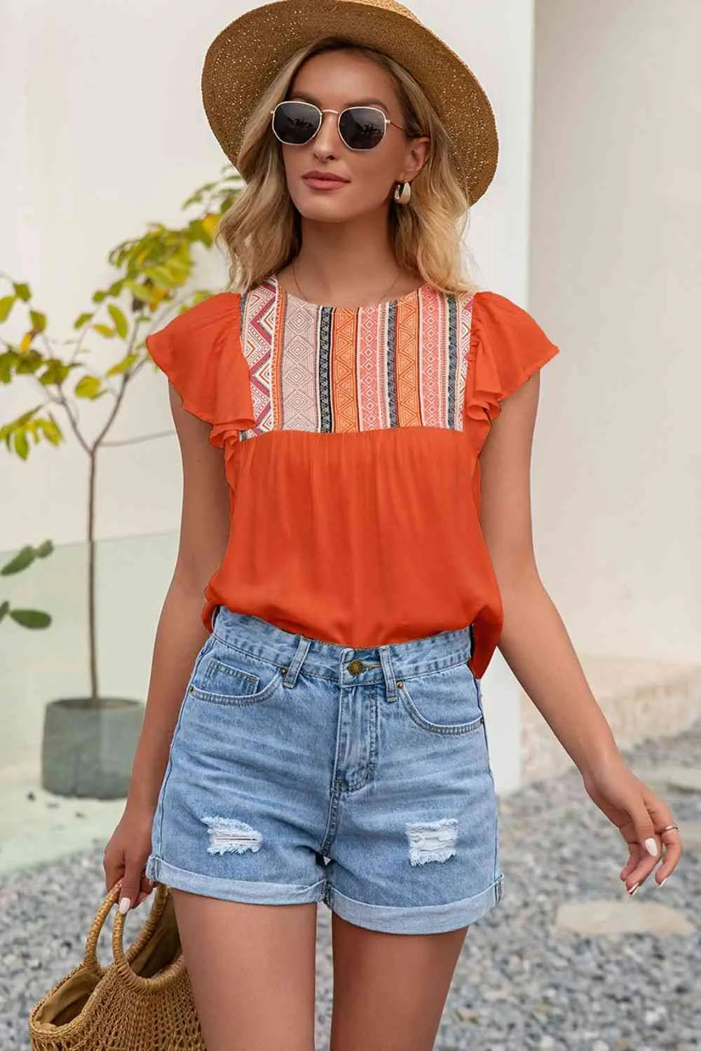 Contrast Print Butterfly Sleeve Top Orange Blouses - Tophatter Daily Deals