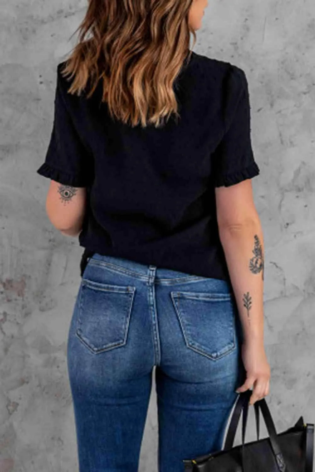 Swiss Dot Flounce Sleeve V-Neck Top Blouses - Tophatter Daily Deals