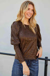 Sequin Puff Sleeve Round Neck Top Blouses - Tophatter Daily Deals