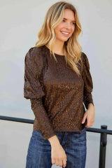Sequin Puff Sleeve Round Neck Top Blouses - Tophatter Daily Deals