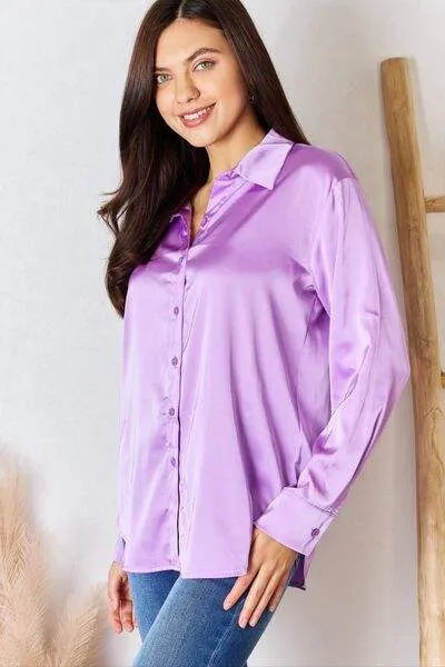 Zenana Satin Button Down Long Sleeve Shirt Blouses - Tophatter Daily Deals