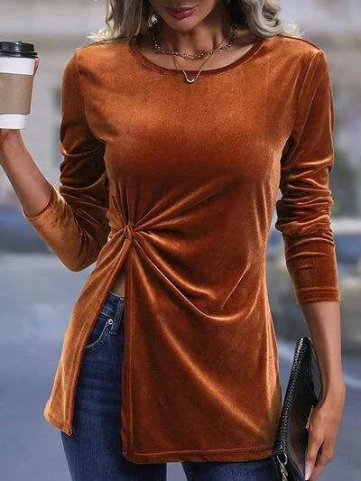 Twisted Slit Round Neck T-Shirt Women's T-Shirts - Tophatter Daily Deals