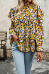 Printed Round Neck Flounce Sleeve Blouse Mustard Blouses - Tophatter Daily Deals