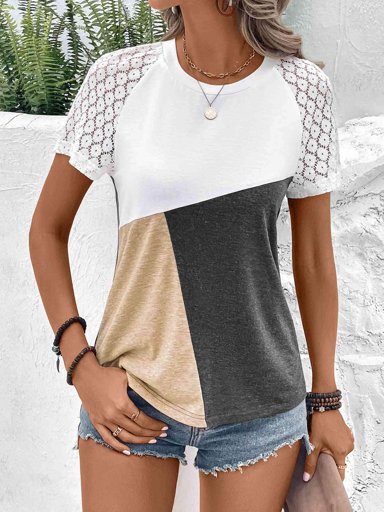 Color Block Raglan Sleeve Round Neck Tee Tan Women's T-Shirts - Tophatter Daily Deals