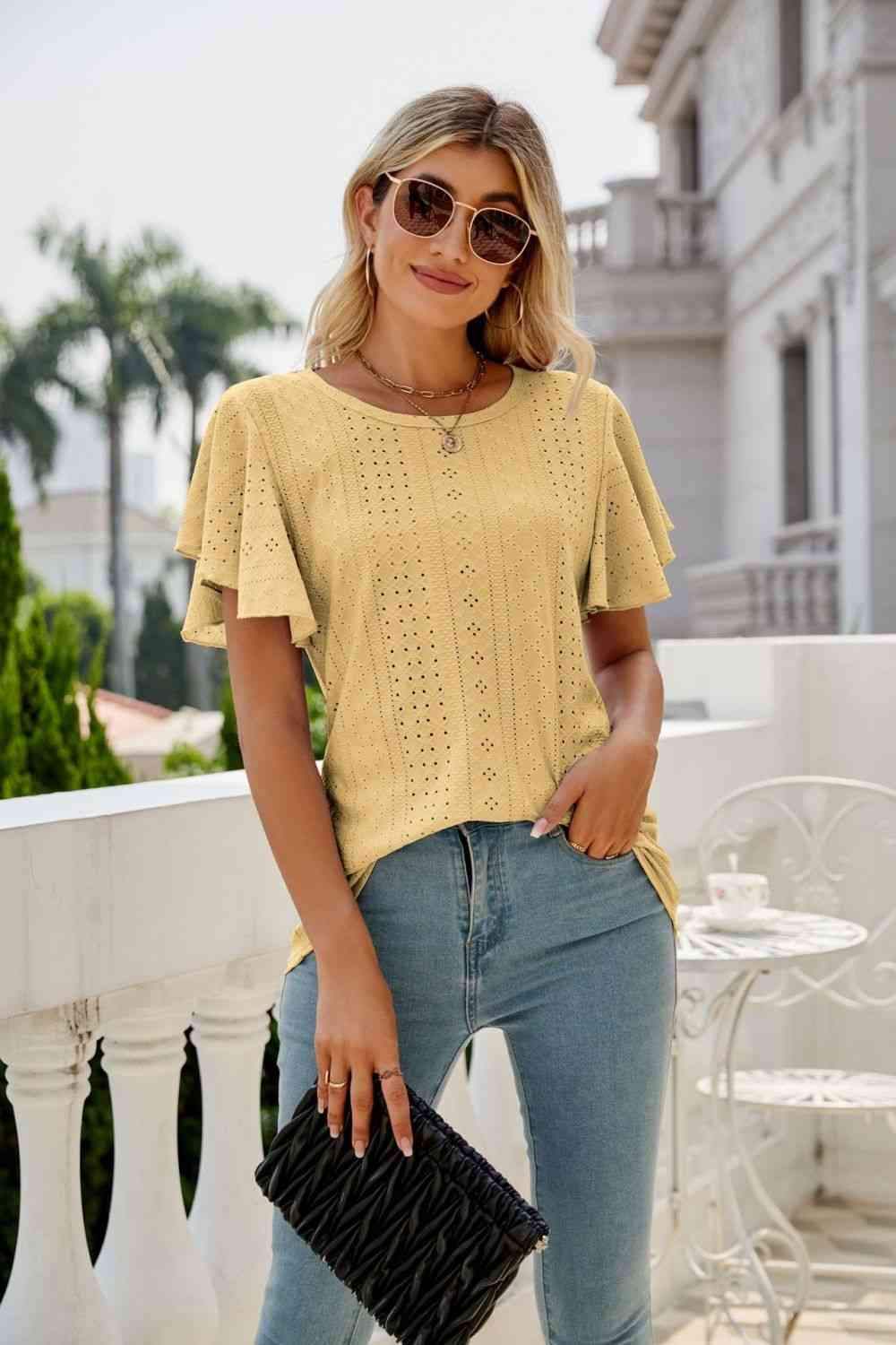 Eyelet Flutter Sleeve Round Neck Top Banana Yellow Blouses - Tophatter Daily Deals