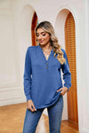 Buttoned Notched Neck Long Sleeve Top Blouses - Tophatter Daily Deals