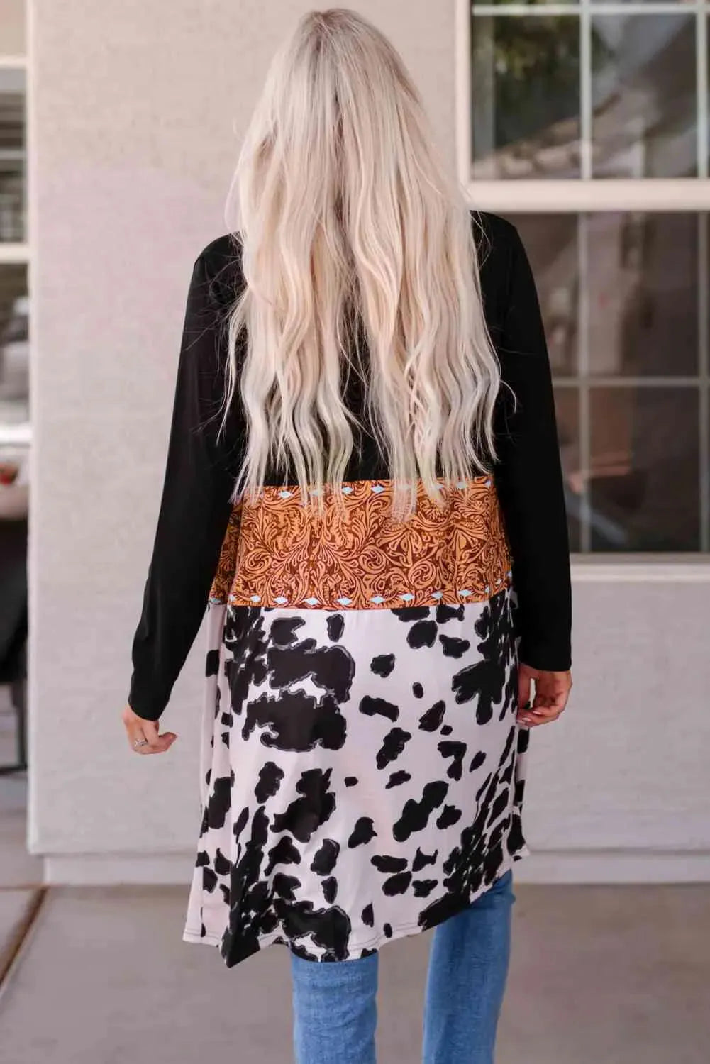 Printed Color Block Open Front Cardigan Blouses - Tophatter Daily Deals