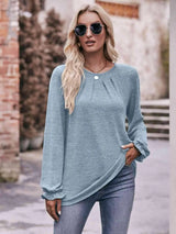 Double Take Long Flounce Sleeve Round Neck Blouse Pastel Blue Blouses - Tophatter Daily Deals