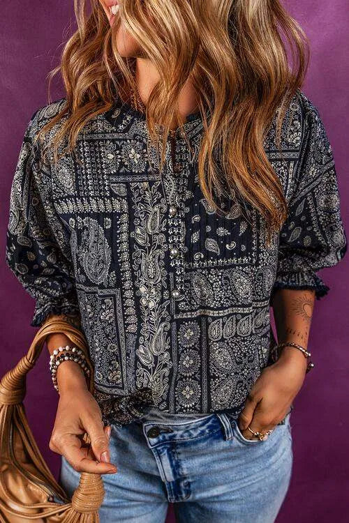 Printed Buttoned Flounce Sleeve Blouse Blouses - Tophatter Daily Deals