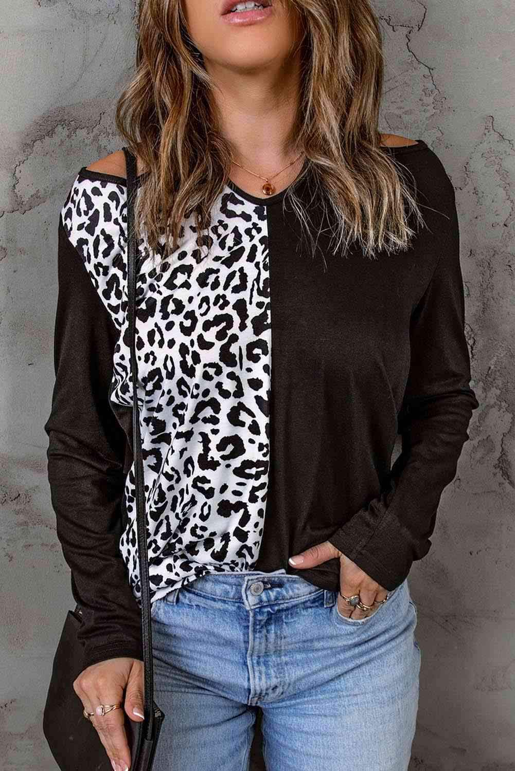 Leopard Color Block Crisscross Back Cold-Shoulder Top Women's T-Shirts - Tophatter Daily Deals