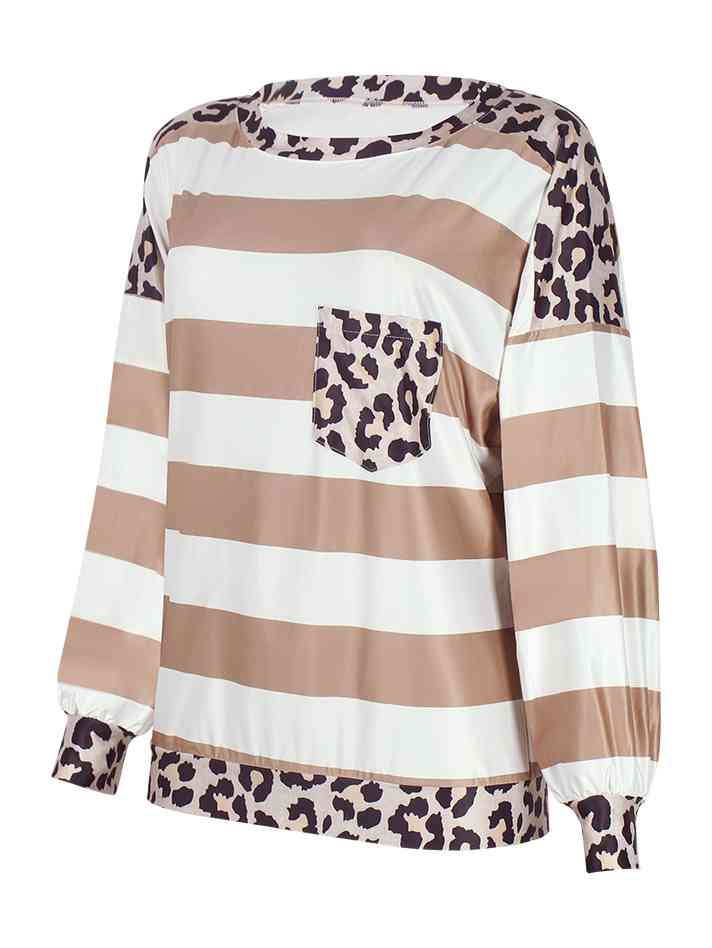 Striped Leopard Long Sleeves Top Camel Women's T-Shirts - Tophatter Daily Deals