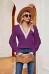 Contrast V-Neck Long Sleeve Blouse Blouses - Tophatter Daily Deals