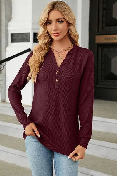 Waffle-Knit Notched Long Sleeve T-Shirt Wine Women's T-Shirts - Tophatter Daily Deals