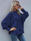 Mock Neck Lantern Sleeve Tie Front Blouse Blouses - Tophatter Daily Deals