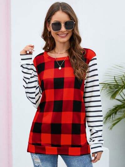 Plaid Striped Round Neck Long Sleeve T-Shirt Scarlet Women's T-Shirts - Tophatter Daily Deals