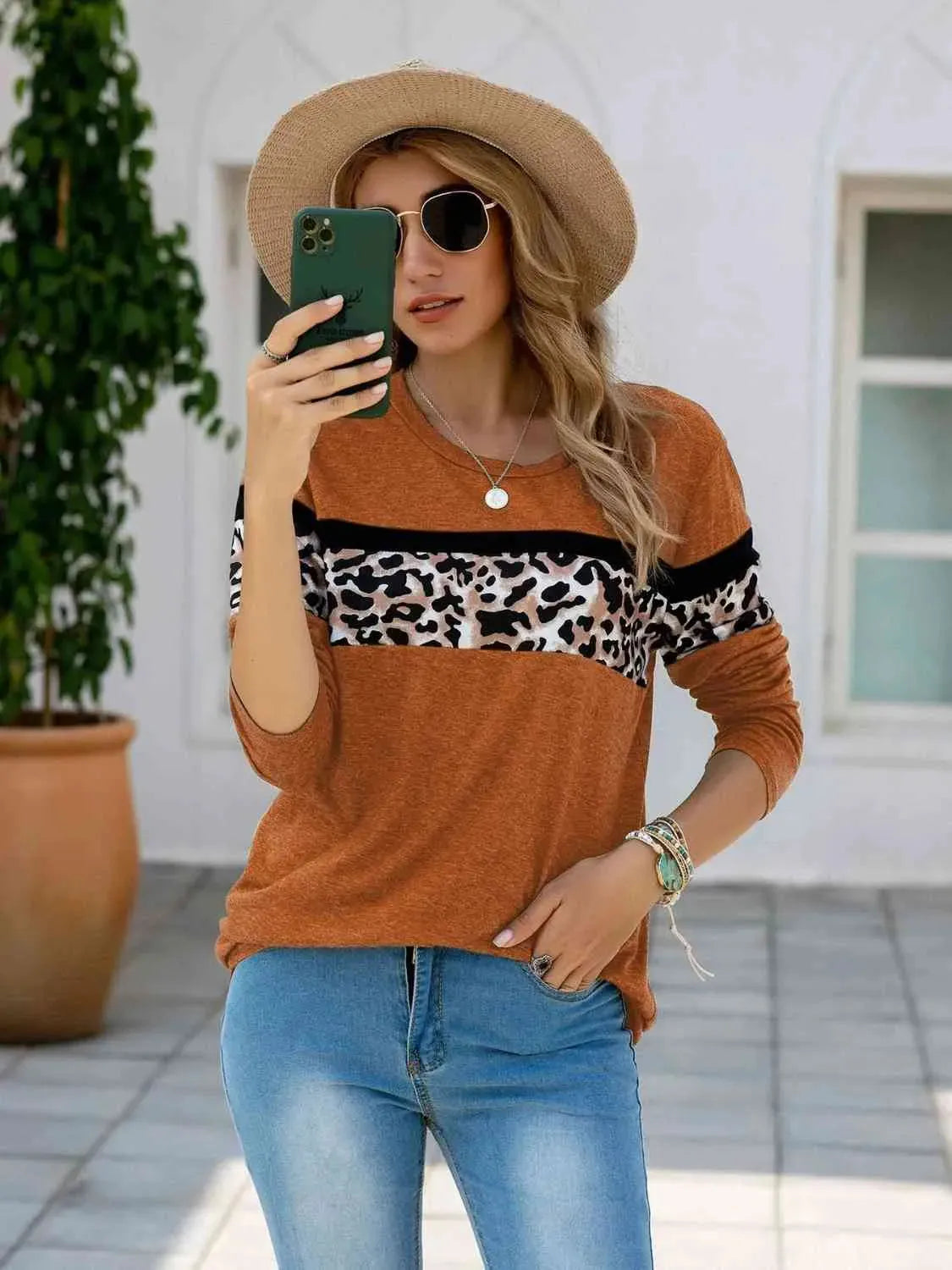 Leopard Round Neck Long Sleeve T-Shirt Women's T-Shirts - Tophatter Daily Deals