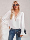 Contrast Trim Flounce Sleeve V-Neck Blouse White Blouses - Tophatter Daily Deals